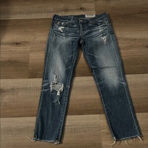 Ag Adriano Goldschmied Blue Ankle Cropped Jeans with Distressed Details